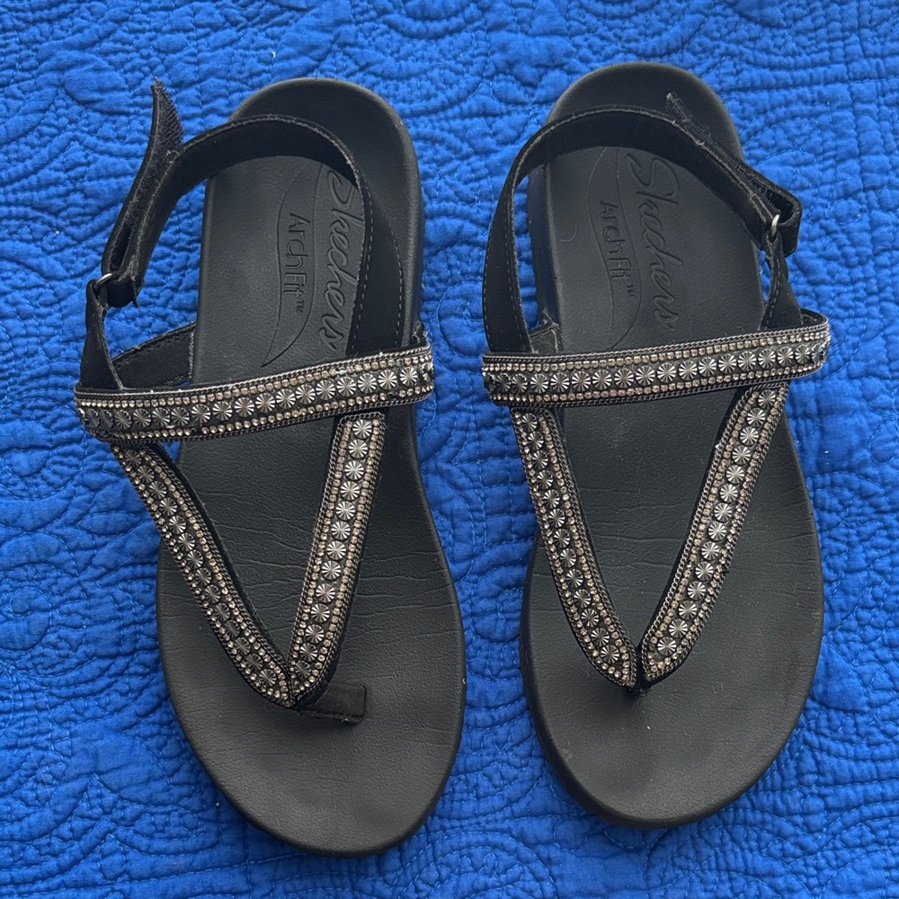 Skechers Archfit Black Rhinestone Embellished Sandals